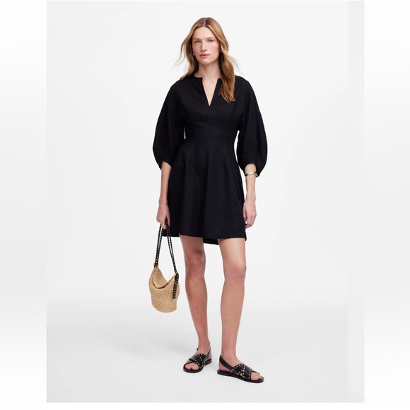 Madewell Dresses & Skirts - Madewell split neck mini dress in 100% linen black puff sleeve size 12 new